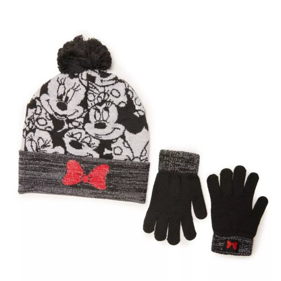 Disney | Kids' Black & Gray Minnie Mouse Collage Pom-Pom Beanie & Gloves - Picture 1 of 1